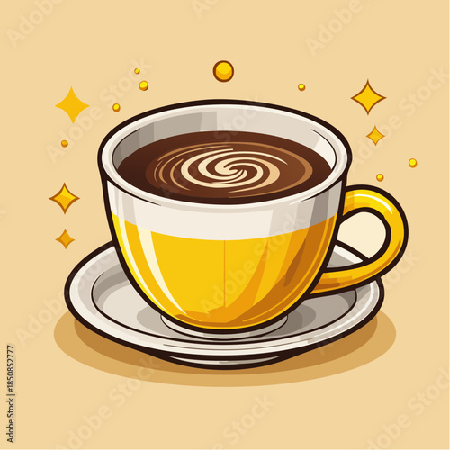 Illustration of a cup of coffee with a swirl of cream on a saucer.