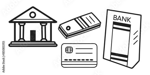 A bank building, a stack of money, a credit card, and a bank sign are arranged together, illustrating financial services and transactions.