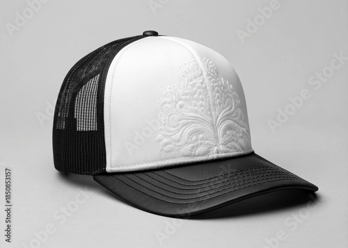 A blank black and white cap mock up to help your designs beautifully.