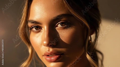 Portrait of a beautiful woman in golden light, showcasing natural beauty and makeup techniques