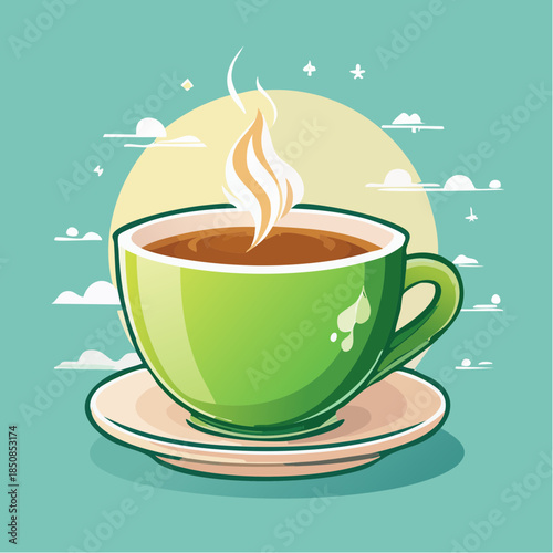 A cartoon illustration of a green teacup filled with hot tea, sitting on a saucer, against a light blue background with clouds and a sun.