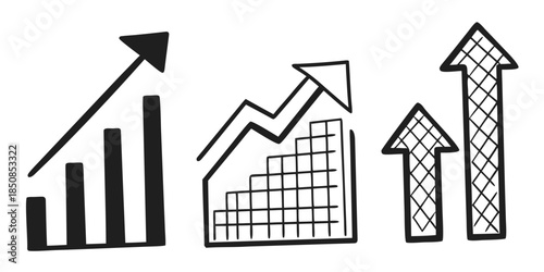 Three distinct bar charts with upward trending arrows and grid lines visually represent business growth and positive financial progress.