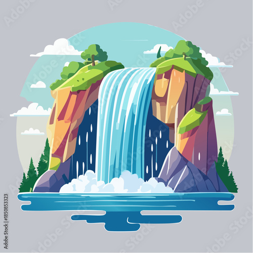 A vibrant cartoon illustration of a waterfall cascading from rocky cliffs into a serene pool of water.