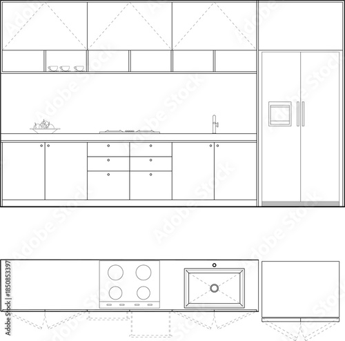 Modern Kitchen Cabinet Interior Design Technical CAD Drawing Elevation and Plan. 1