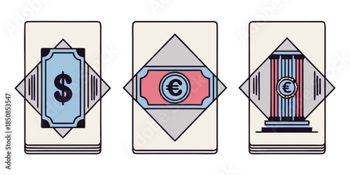 Three stylized illustrations depict currency symbols and financial institutions, representing global finance and economics.