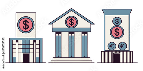 Three stylized bank buildings with dollar and euro symbols displayed prominently, representing financial institutions and monetary exchange.