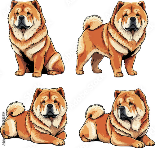 Four Chow Chow Dog Poses Vector Illustration