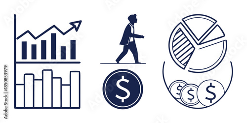A graphic representation of financial growth and investment, featuring bar charts, a walking figure with a dollar coin, and a pie chart with coins.