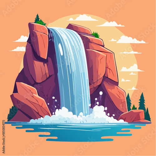 A vibrant cartoon illustration of a waterfall cascading over red rocks into a turquoise pool, set against a peach-colored sky.