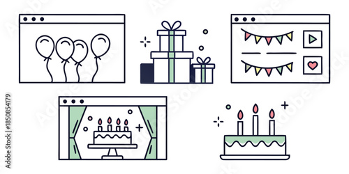 A collection of illustrations representing elements of a birthday celebration, including balloons, gift boxes, party banners on a screen interface, a birthday cake with candles on a stand behind