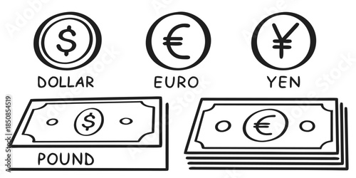 A visual representation of different currency symbols, including the dollar, euro, yen, and pound, presented as simple line art illustrations.