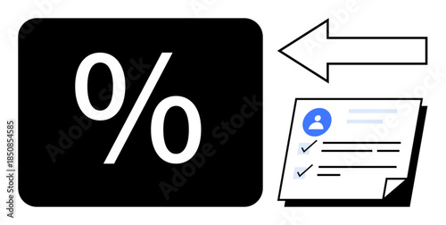 Large percentage sign, checklist document with profile icon, and arrow pointing interaction. Ideal for evaluation, analysis, calculation, feedback, review, performance monitoring progress tracking