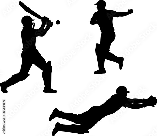 Three Dynamic Cricket Silhouettes