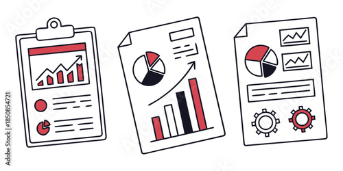 A set of three hand-drawn documents displaying various charts, graphs, and gears, representing business analysis and data interpretation.