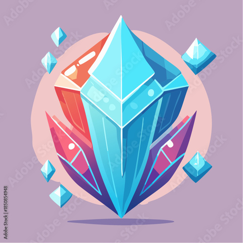 Illustration of a large blue crystal surrounded by smaller crystals and colorful shapes on a light purple background.