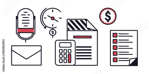 A collection of icons representing business and financial concepts, including a microphone, envelope, clock with a dollar sign, calculator, document, and checklist.
