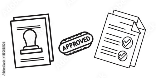 An illustration depicts official documents, including one with a stamp and another with checkmarks, alongside a stamp that reads 'APPROVED', symbolizing the completion of a process.