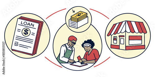 Illustration depicting a loan document, a stack of cash, and a storefront, symbolizing business finance and lending.