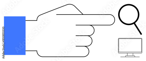 Hand pointing right to a magnifying glass and computer monitor, symbolizing exploration, search, focus, direction, and technology. Ideal for research, workspace, learning curiosity guidance online