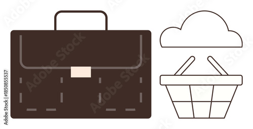 Brown briefcase with cloud representing cloud storage and a shopping basket for e-commerce. Ideal for business, work-life balance, technology, shopping, cloud computing, career, minimalism, simple
