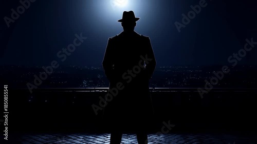 Mysterious figure in hat overlooking city at night with dramatic lighting