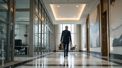 Successful businessman walking through modern office building towards a bright future, showcasing