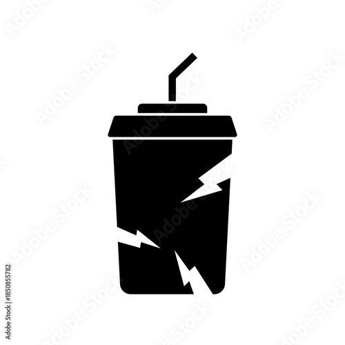 Drink cup icon with visible crack effect isolated on white background, flat graphic representing damaged container, fragile item, warning sign, and product defect concepts.