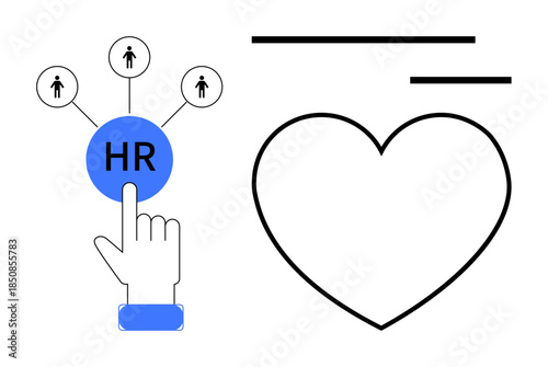 Workforce management, employee engagement, teamwork, organizational communication, employee relationships, decision-making. Hand pointing to an HR icon with a heart symbol. Workforce management