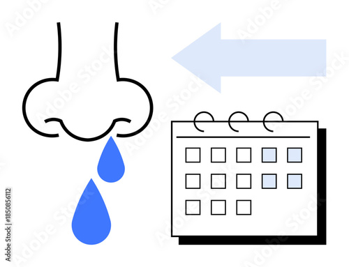 Nose with blue droplets, arrow, and calendar illustration. Ideal for healthcare, sickness, allergies, scheduling, seasonal illness sinus issues preventive care. Simple flat metaphor