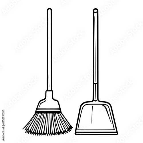 Elegant Cleaning Duo - Classic Pair Broom Pan | Clean, isolated vector art for creative projects.