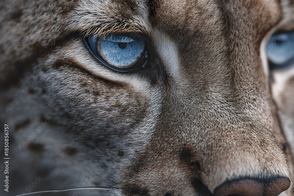 Obraz premium Close up of wild cat face showing striking blue eyes and detailed fur texture, capturing animal intense and captivating gaze in natural light
