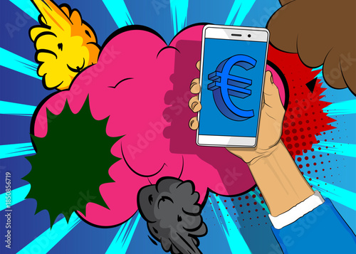 Cartoon Smartphone, comic book Telephone with Euro Sign. Retro vector comics pop art design.