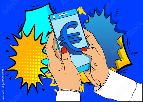 Cartoon Smartphone, comic book Telephone with Euro Sign. Retro vector comics pop art design.