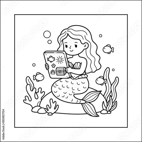 mermaid coloring page line art vector	