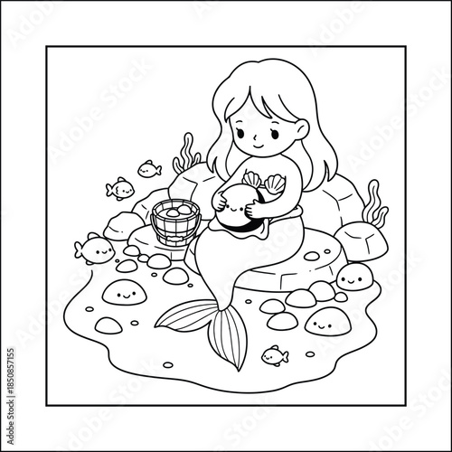 mermaid coloring page line art vector	