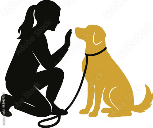 Silhouette of a woman with his dog outdoor bond between man and pet, emotional animal friendship vector illustration.