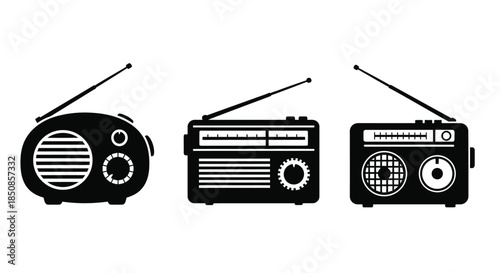 Three vintage radios illustrated in a simple black and white style