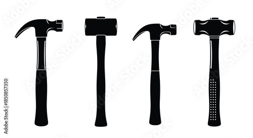 Black silhouette illustrations of various types of hammers tools for construction