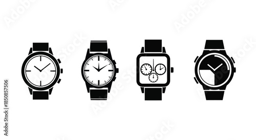 A collection of different wristwatch designs displayed in a black and white style