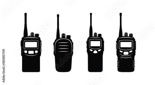 Four black walkie talkies displayed in a row side view silhouette