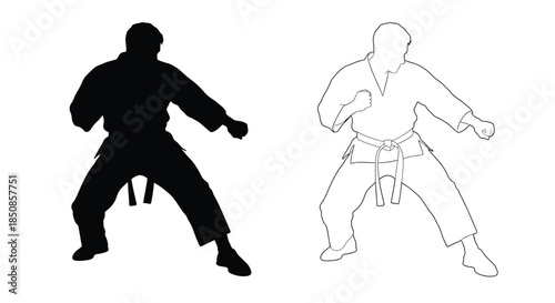 Martial arts silhouette and outline showing a dynamic fighting stance