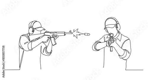 Sketch of two individuals engaged in target practice with firearms and safety gear