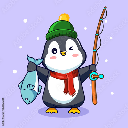 Happy Penguin Fisherman Winking with a Freshly Caught Fish Vector Illustration Cartoon Design