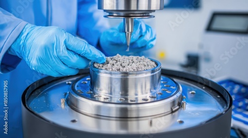 Operator carefully mixing polishing slurries in a lab environment demonstrating precision blending of diamond alumina and cerium compounds.