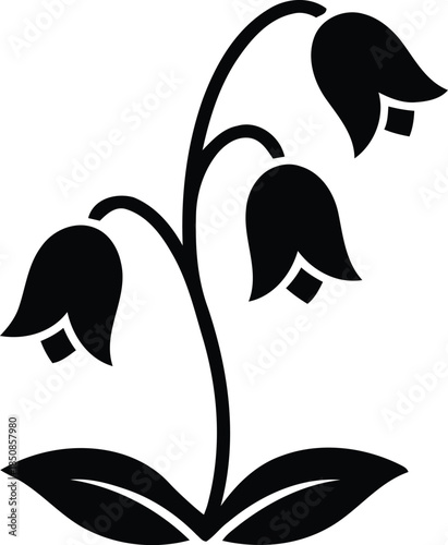 Black and white stylized illustration of a flowering plant with bell-shaped blooms and leaves