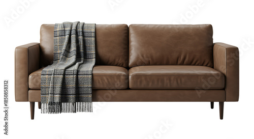 A comfortable brown leather two seater sofa with a patterned throw on transparent background