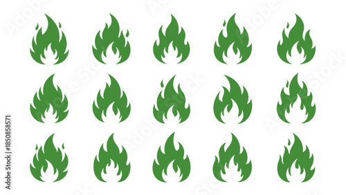 Flat fire flame vector icon set with fifteen different styles isolated on white