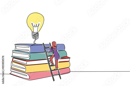 Continuous one line drawing Arab woman climbs stack of thick books with lightbulb floating above. Sincerity sharpens the mind. National Creativity Day. Single line draw design vector illustration