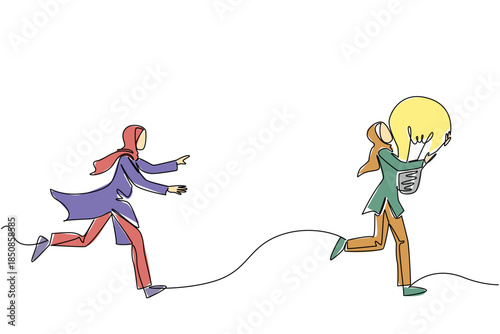 Single one line drawing Arab businesswoman chases a woman running with a light bulb. Chasing down criminals of plagiarism. Crime. National Creativity Day. Continuous line design graphic illustration