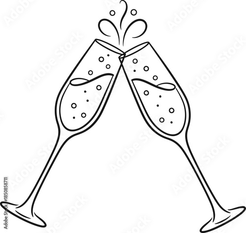 Two toasting champagne flutes clinking together with splash. Celebration, toast, party concept. Outline vector illustration for greeting card, invitation